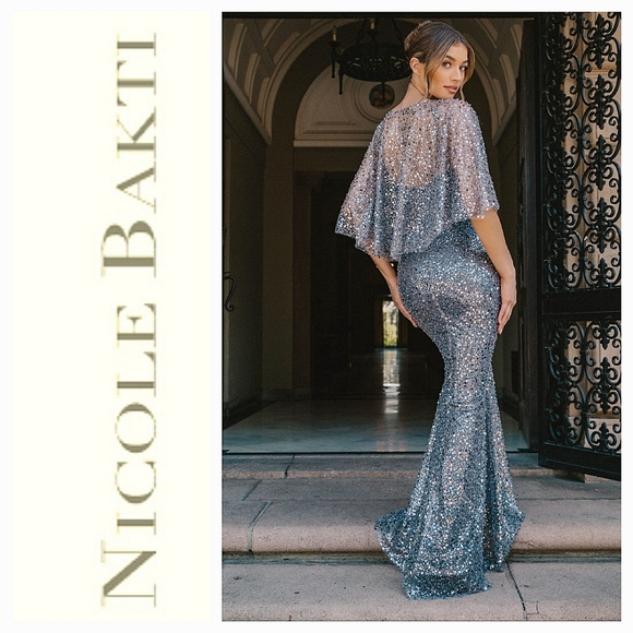 Nicole Batki Cape Top Siver Sequin Formal Maxi Gown Sz 10 NWT